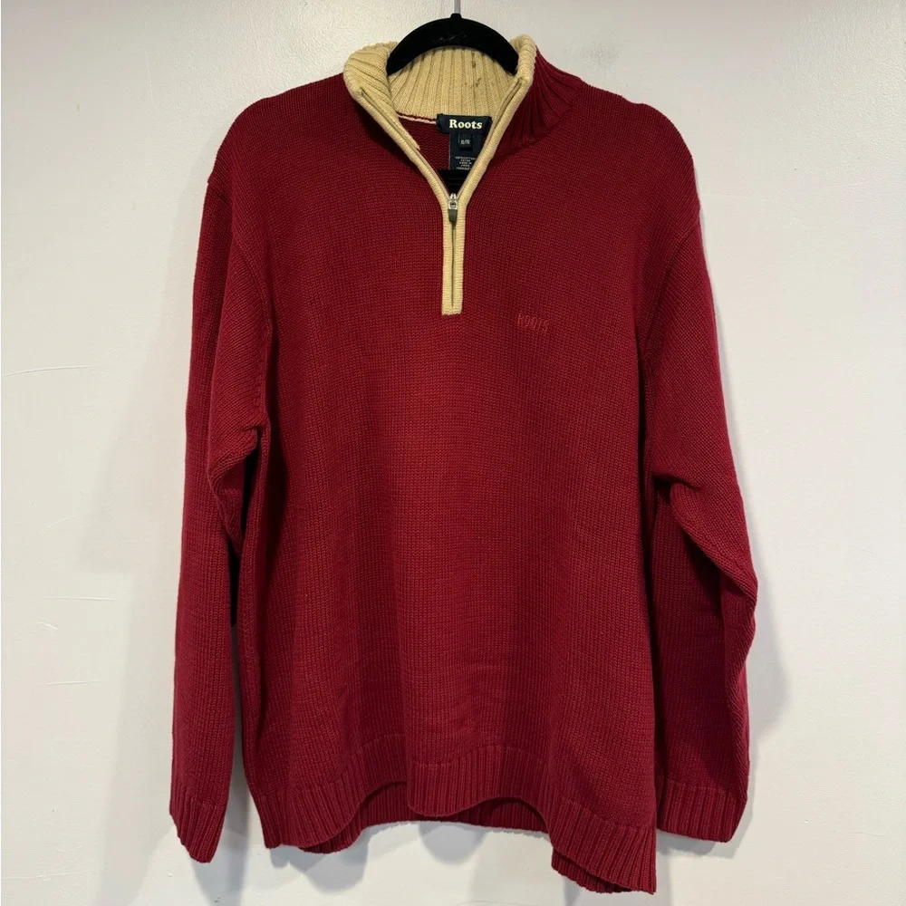 Red knit quarter zip‎ roots sweater